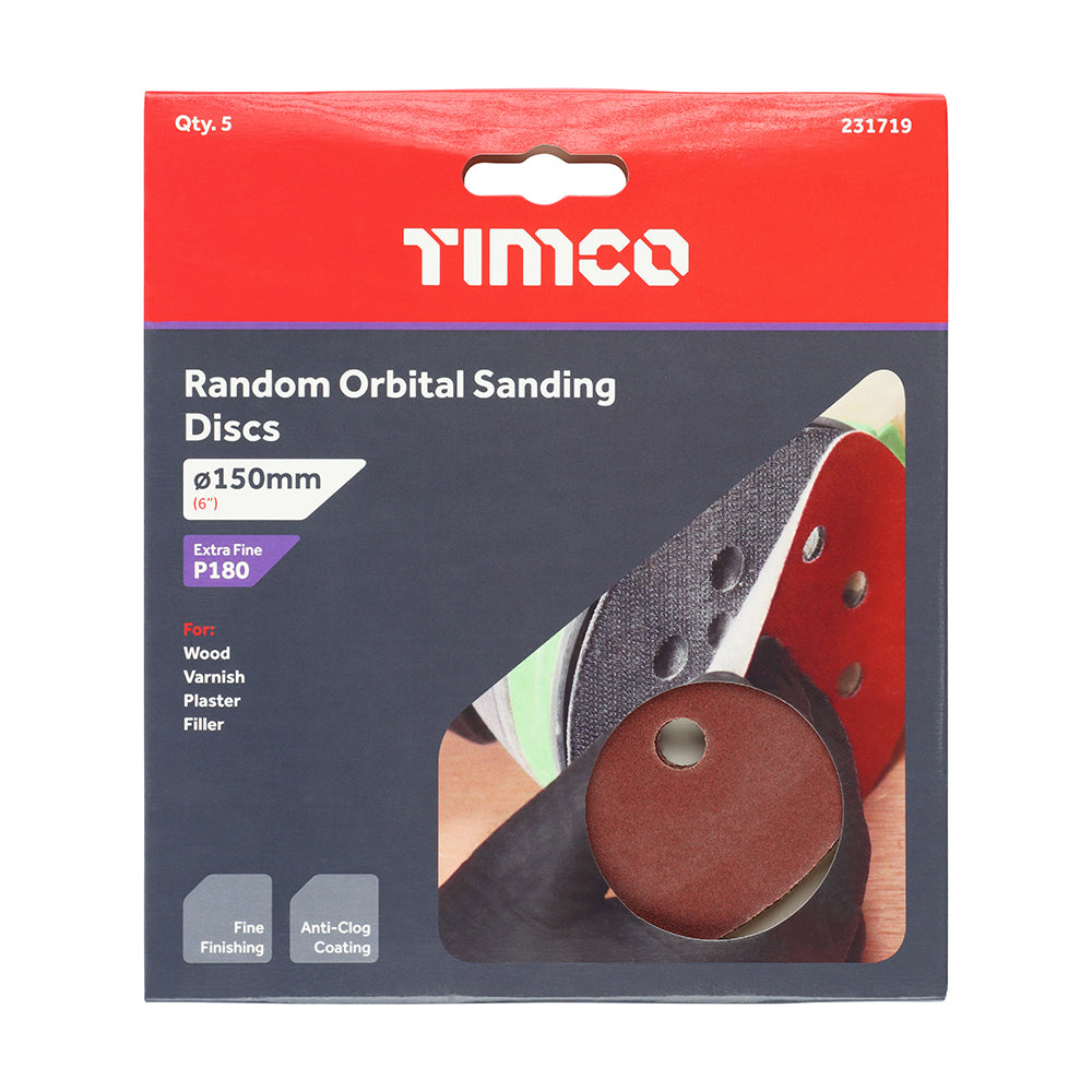 This is an image of Timco - Random Orbital Sanding Discs - 180 Grit - Red 150mm (5 Pieces Pack) 231719