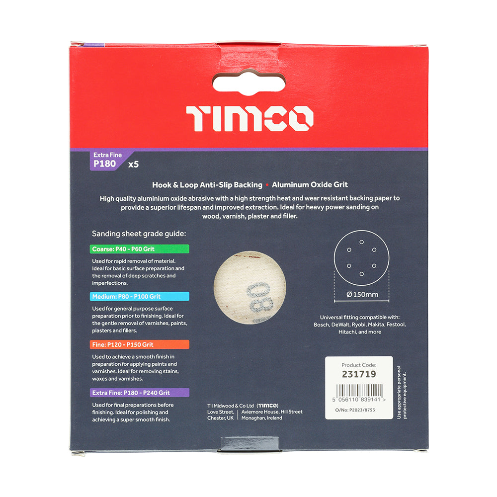 This is an image of Timco - Random Orbital Sanding Discs - 180 Grit - Red 150mm (5 Pieces Pack) 231719