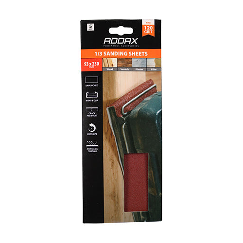 This is an image of Timco - 1/3 Sanding Sheets - 120 Grit - Red - Unpunched 93 x 230mm (5 Pieces Pack) 231751