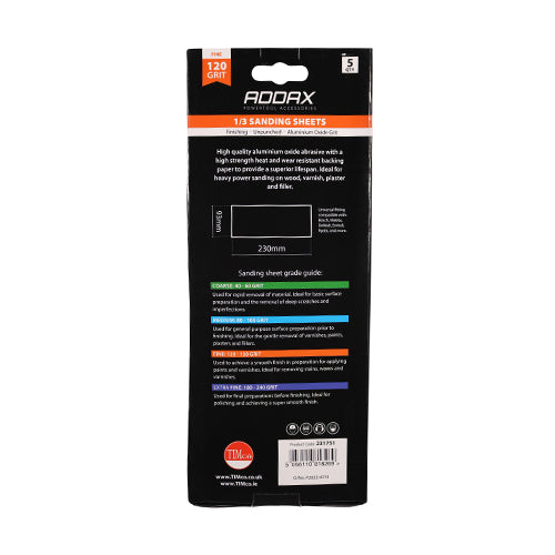 This is an image of Timco - 1/3 Sanding Sheets - 120 Grit - Red - Unpunched 93 x 230mm (5 Pieces Pack) 231751