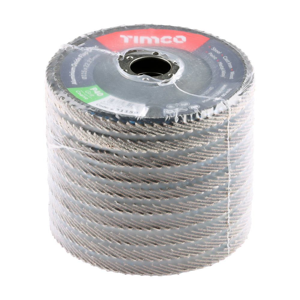 This is an image of Timco - Set of Flap Discs - Aluminium Oxide - Type 29 Conical - 40 Grit 115 x 22.23 (10 Pieces Pack) 231754