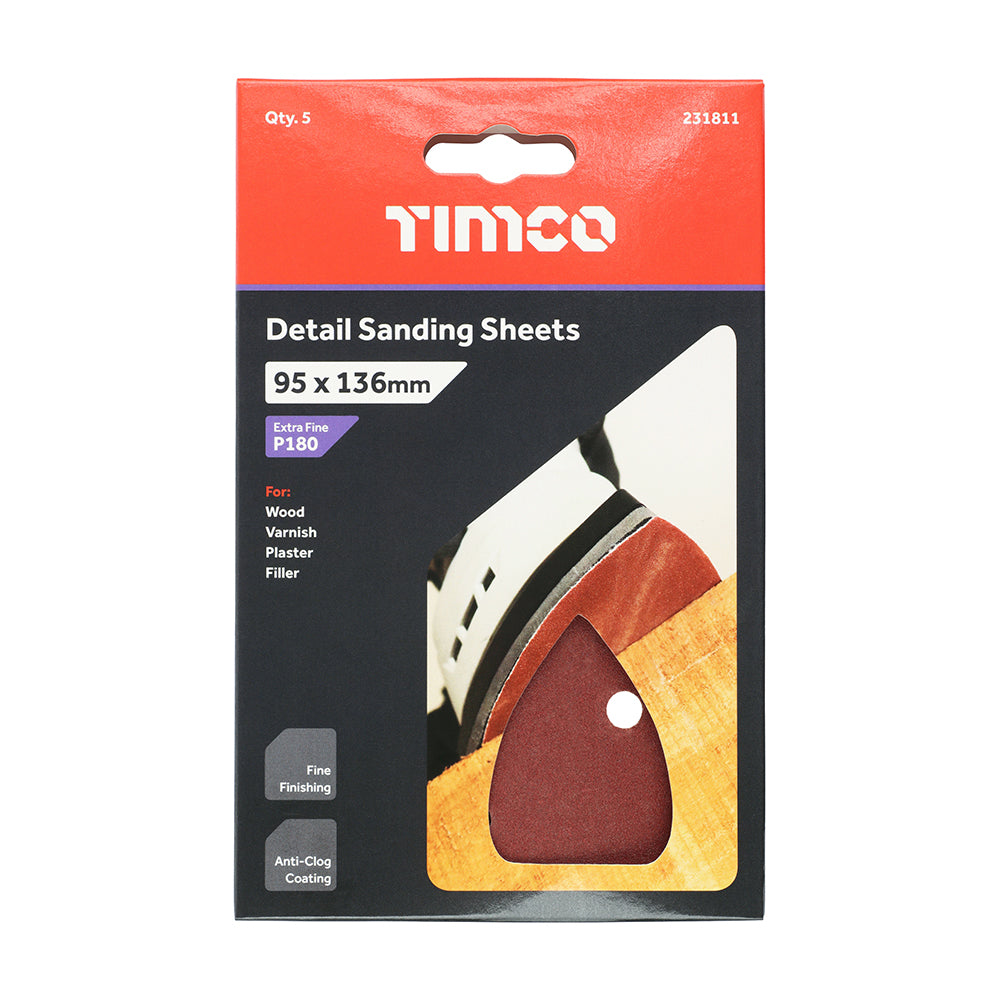 This is an image of Timco - Detail Sanding Pads - 180 Grit - Red 95 x 136mm (5 Pieces Pack) 231811