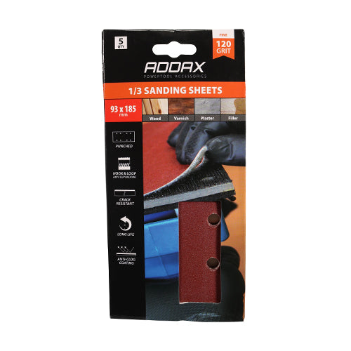 This is an image of Timco - 1/3 Sanding Sheets - 120 Grit - Red - Punched 93 x 185mm (5 Pieces Pack) 231855