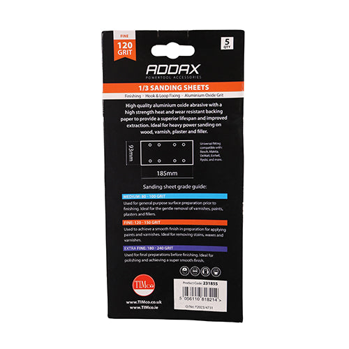 This is an image of Timco - 1/3 Sanding Sheets - 120 Grit - Red - Punched 93 x 185mm (5 Pieces Pack) 231855