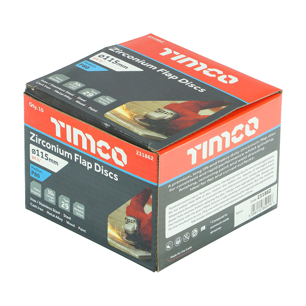 This is an image of Timco - Set of Flap Discs - Zirconium - Type 29 Conical - P80 Grit 115 x 22.23 (10 Pieces Box) 231862