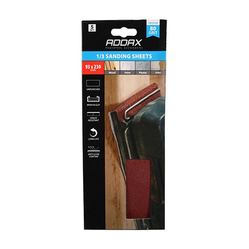 This is an image of Timco - 1/3 Sanding Sheets - 80 Grit - Red - Unpunched 93 x 230mm (5 Pieces Pack) 231900