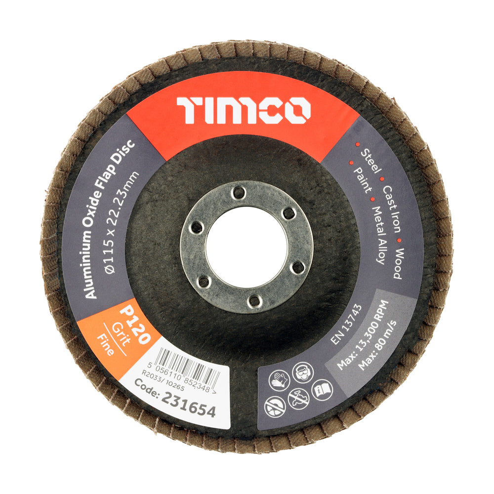 This is an image of Timco - Set of Flap Discs - Aluminium Oxide - Type 29 Conical - 120 Grit 115 x 22.23 (10 Pieces Pack) 231989