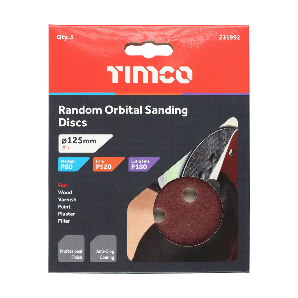 This is an image of Timco - Random Orbital Sanding Discs - Mixed - Red 125mm (80/120/180) (5 Pieces Pack) 231992