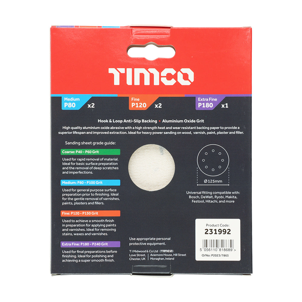 This is an image of Timco - Random Orbital Sanding Discs - Mixed - Red 125mm (80/120/180) (5 Pieces Pack) 231992
