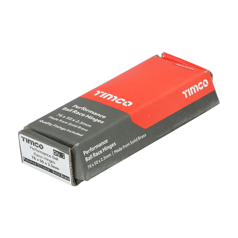 This is an image of Timco - Performance Ball Race Hinge - Solid Brass - Polished Chrome 76 x 50 (1 Pairs Box) 234011