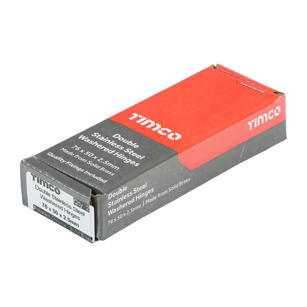 This is an image of Timco - Double Stainless Steel Washered Butt Hinge - Solid Brass - Polished Chrome 76 x 50 (1 Pairs Box) 234381
