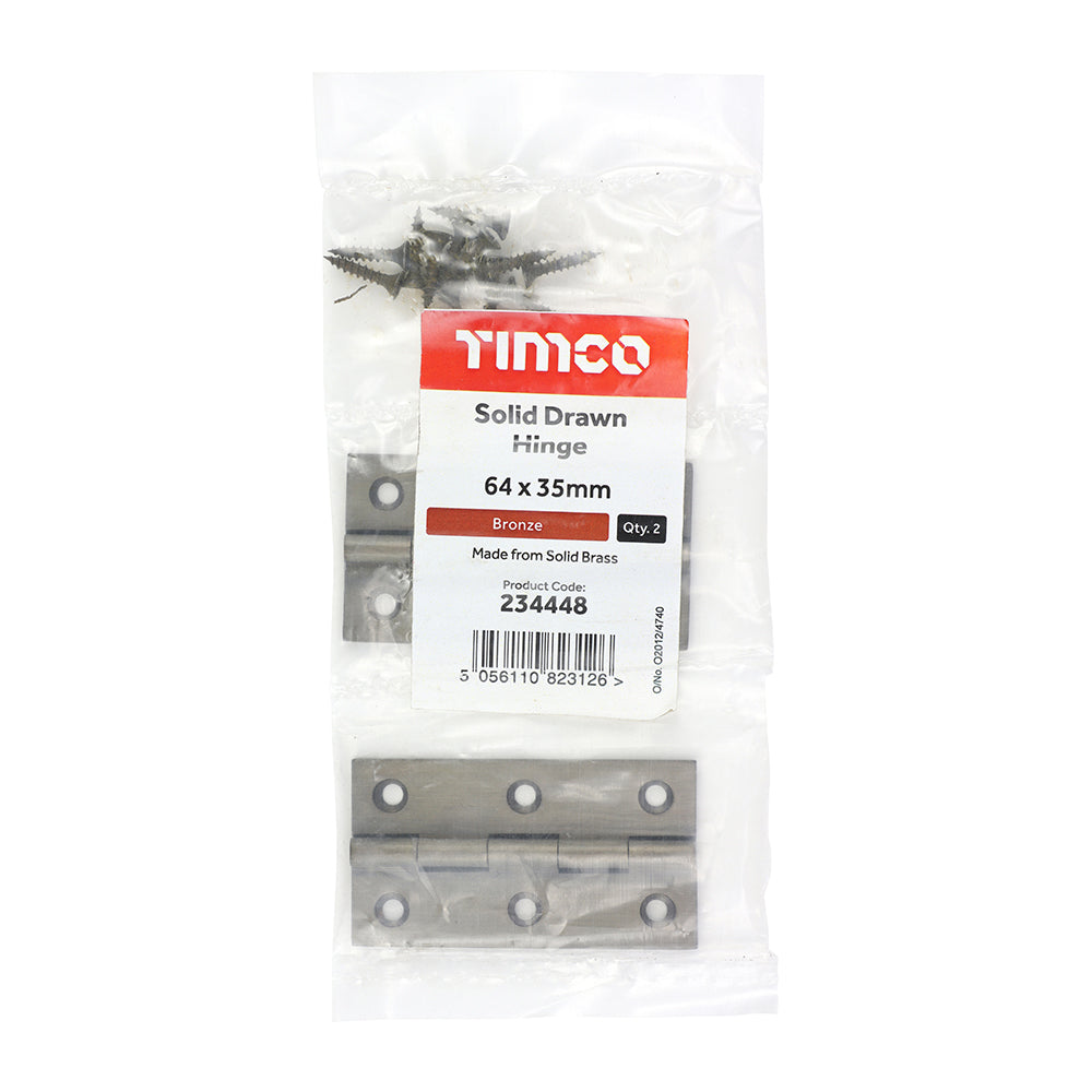 This is an image of Timco - Solid Drawn Hinge - Solid Brass - Bronze 64 x 35 (1 Pairs Bag) 234448
