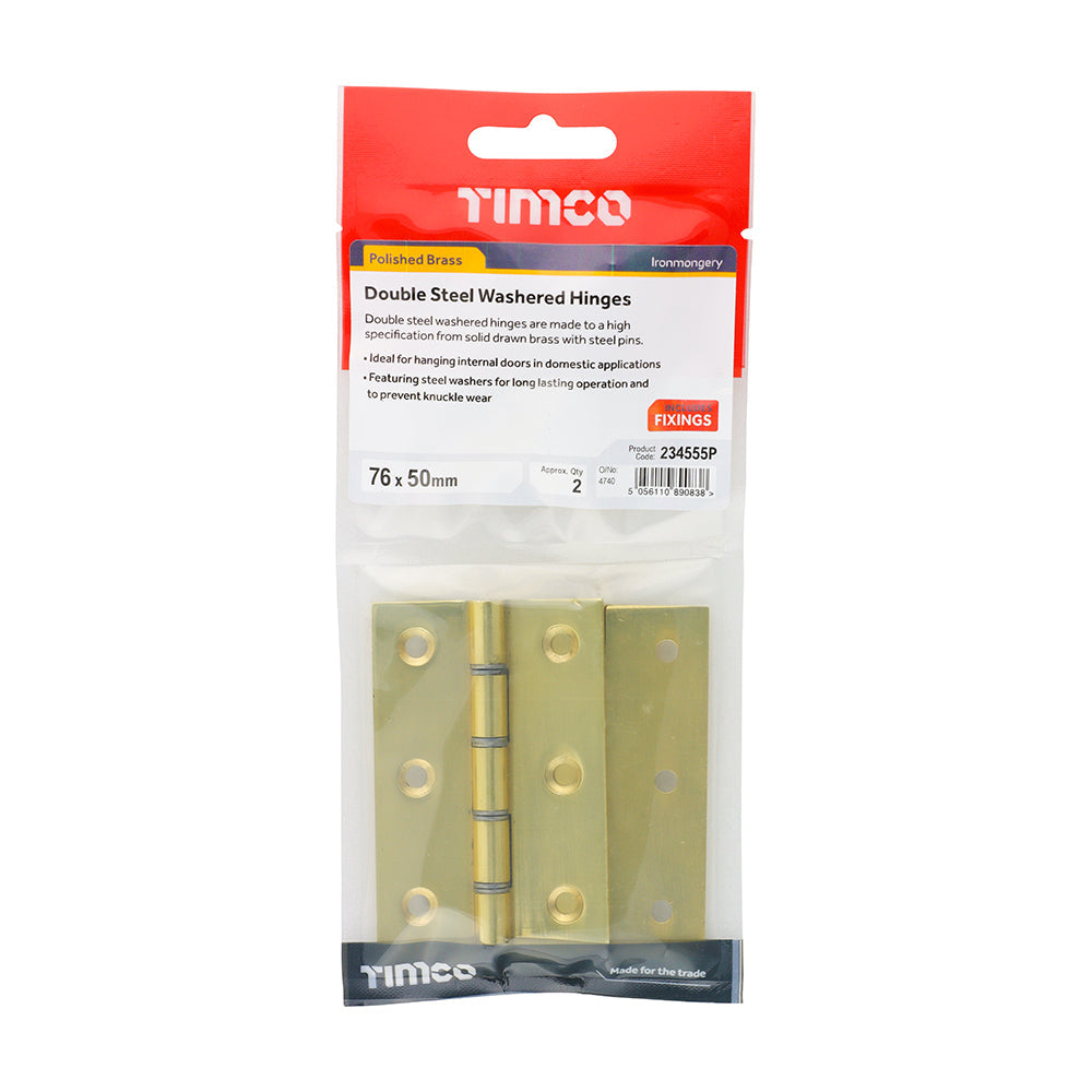 This is an image of Timco - Double Steel Washered Butt Hinge - Solid Brass - Polished Brass 76 x 50 (1 Pairs TIMpac) 234555P