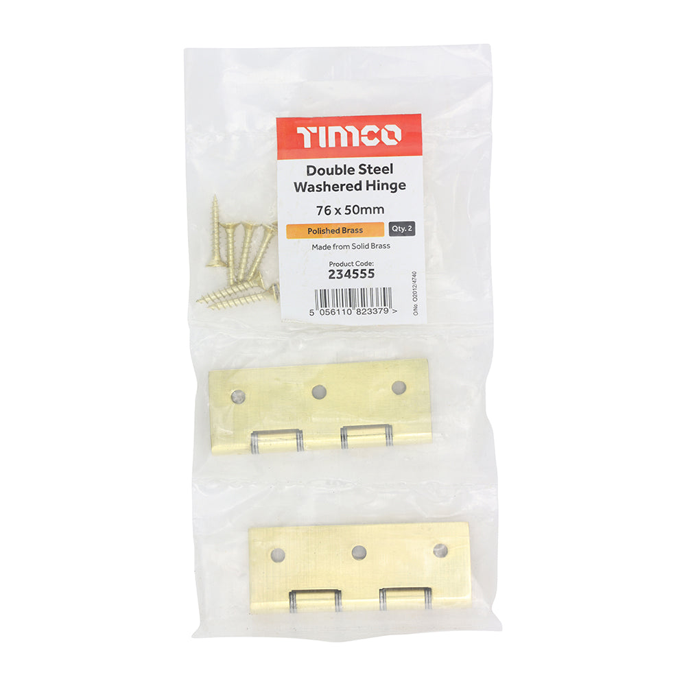 This is an image of Timco - Double Steel Washered Butt Hinge - Solid Brass - Polished Brass 76 x 50 (1 Pairs Bag) 234555
