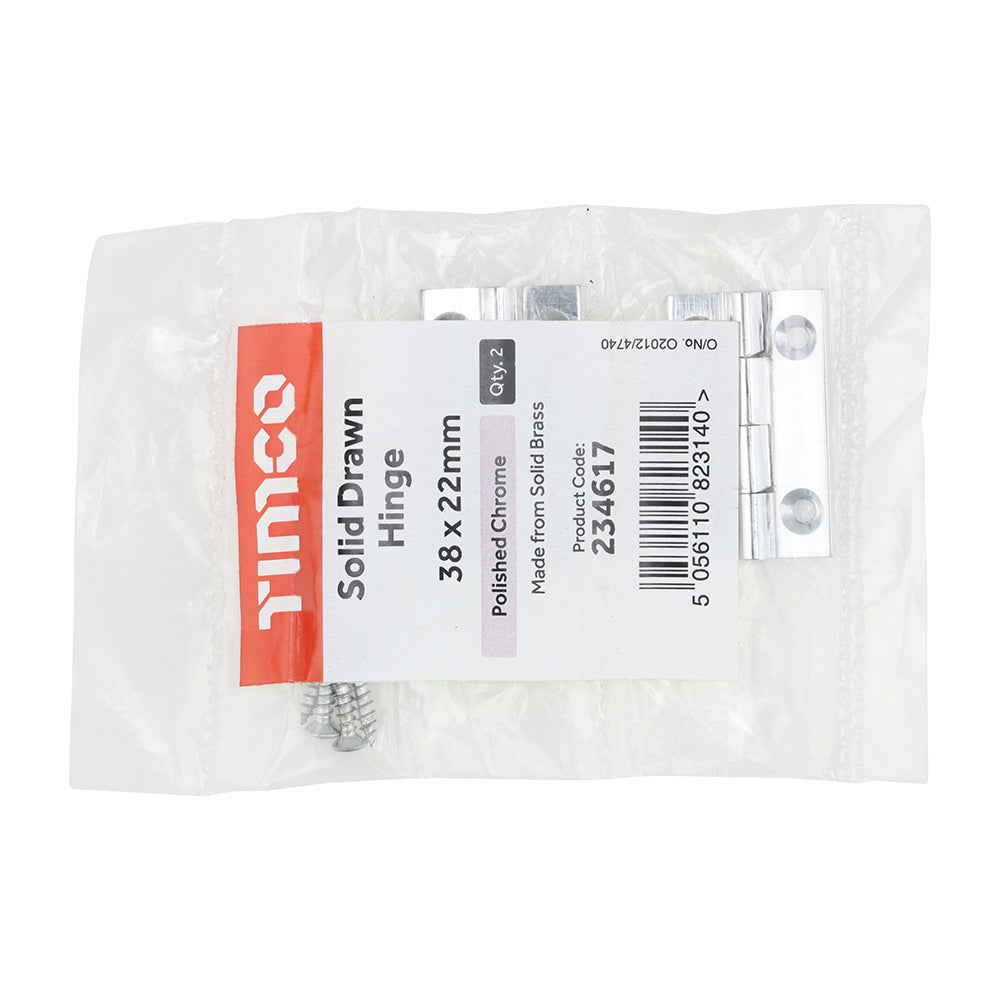 This is an image of Timco - Solid Drawn Hinge - Solid Brass - Polished Chrome 38 x 22 (1 Pairs Bag) 234617