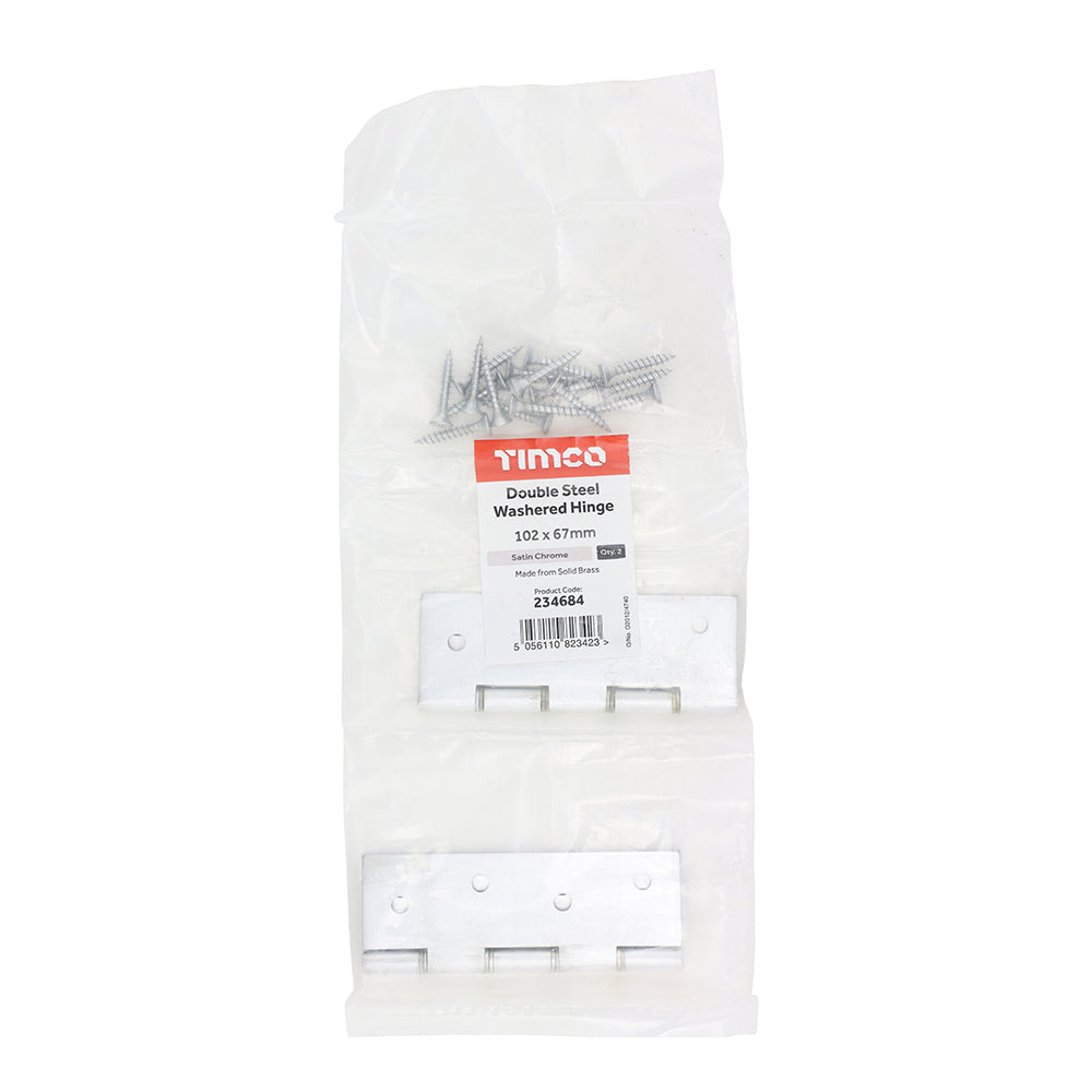 This is an image of Timco - Double Steel Washered Butt Hinge - Solid Brass - Satin Chrome 102 x 67 (1 Pairs Bag) 234684