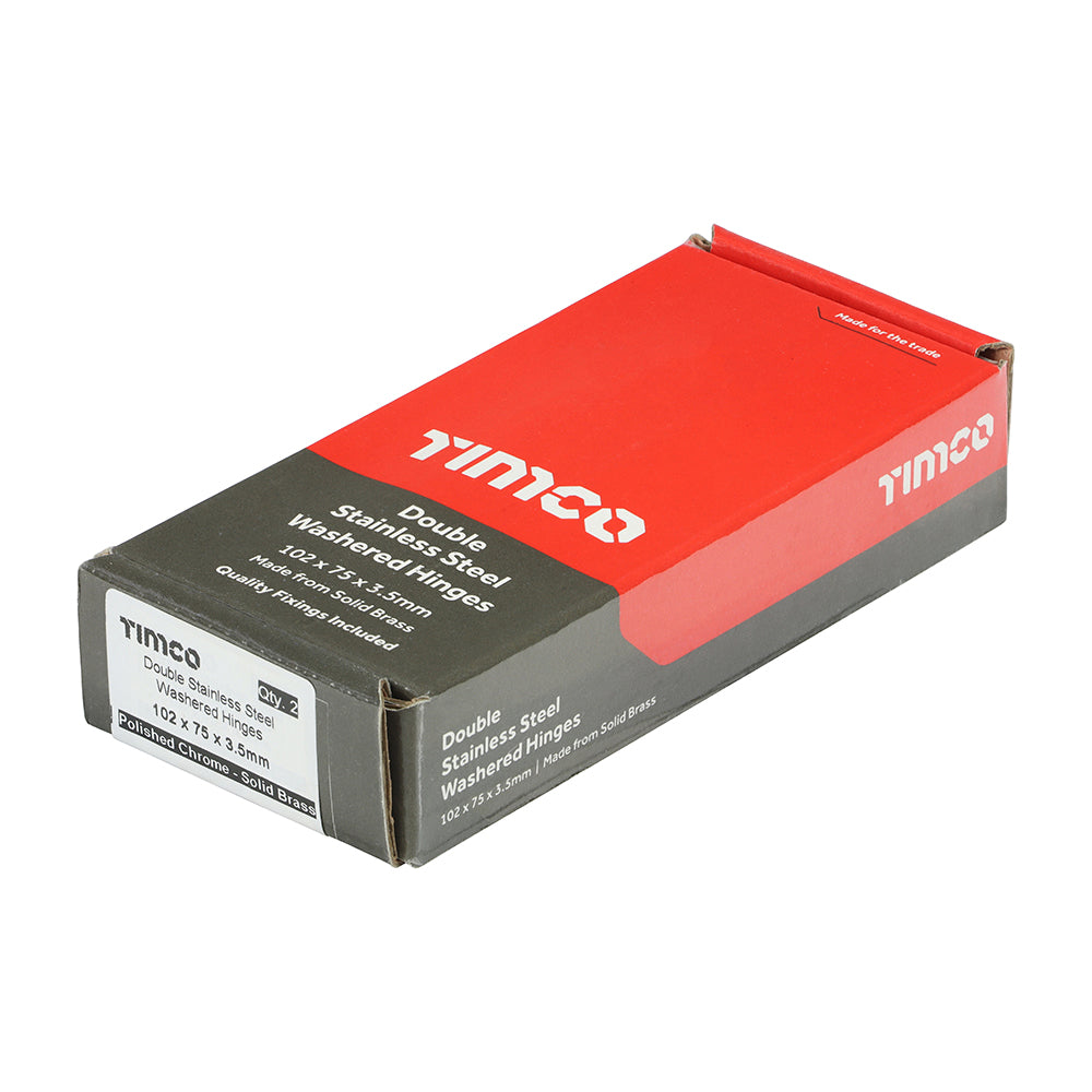 This is an image of Timco - Double Stainless Steel Washered Butt Hinge - Solid Brass - Polished Chrome 102 x 75 (1 Pairs Box) 234708