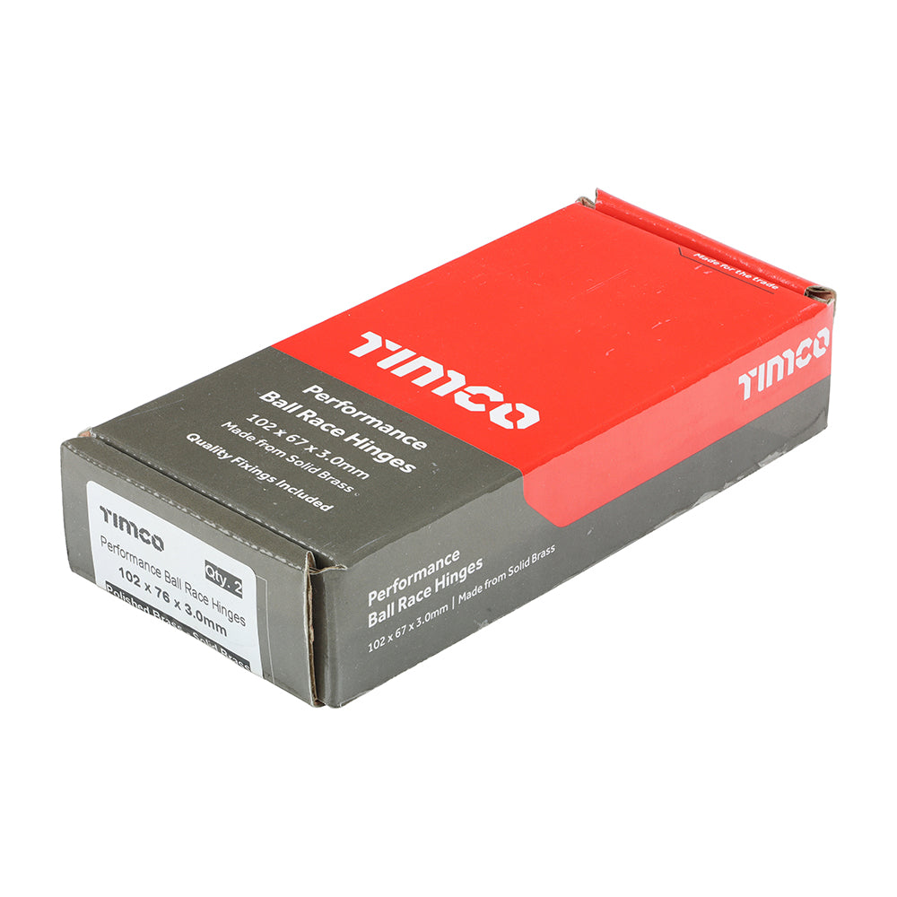 This is an image of Timco - Performance Ball Race Hinge - Solid Brass - Polished Brass 102 x 76 (1 Pairs Box) 234751