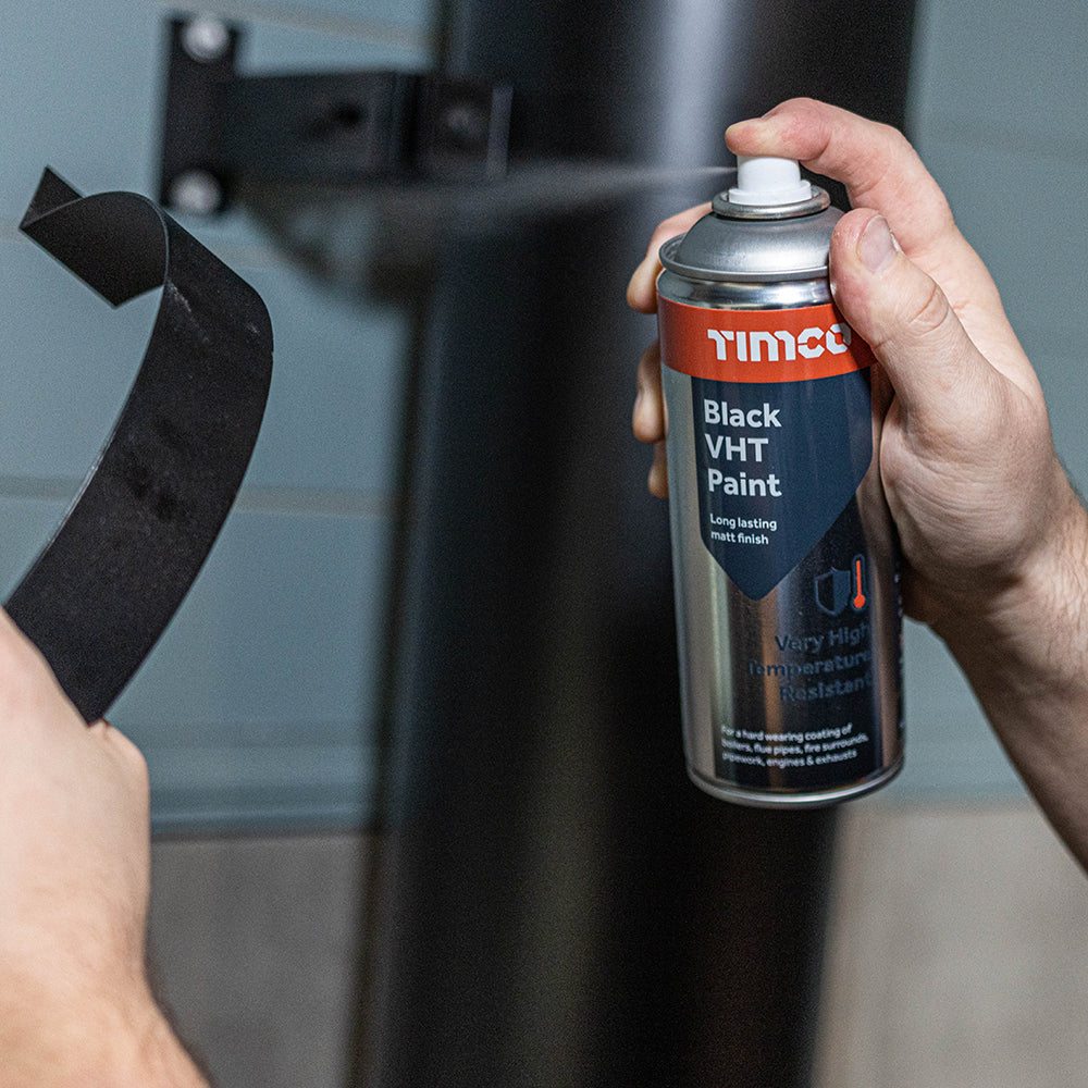 This is an image of Timco - Black VHT Paint 380ml (1 Each Can) PCS237896