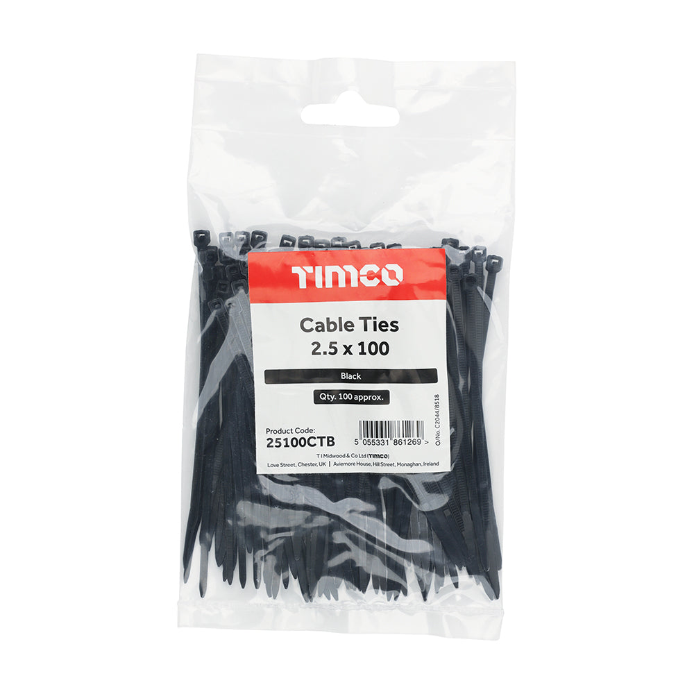 This is an image of Timco - Cable Ties - Black 2.5 x 100mm - (100 PCS Bag) 25100CTB