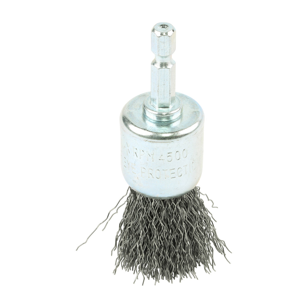 This is an image of Timco - Drill End Brush - Crimped Steel Wire 25mm (1 Each Blister Pack) 25SEC
