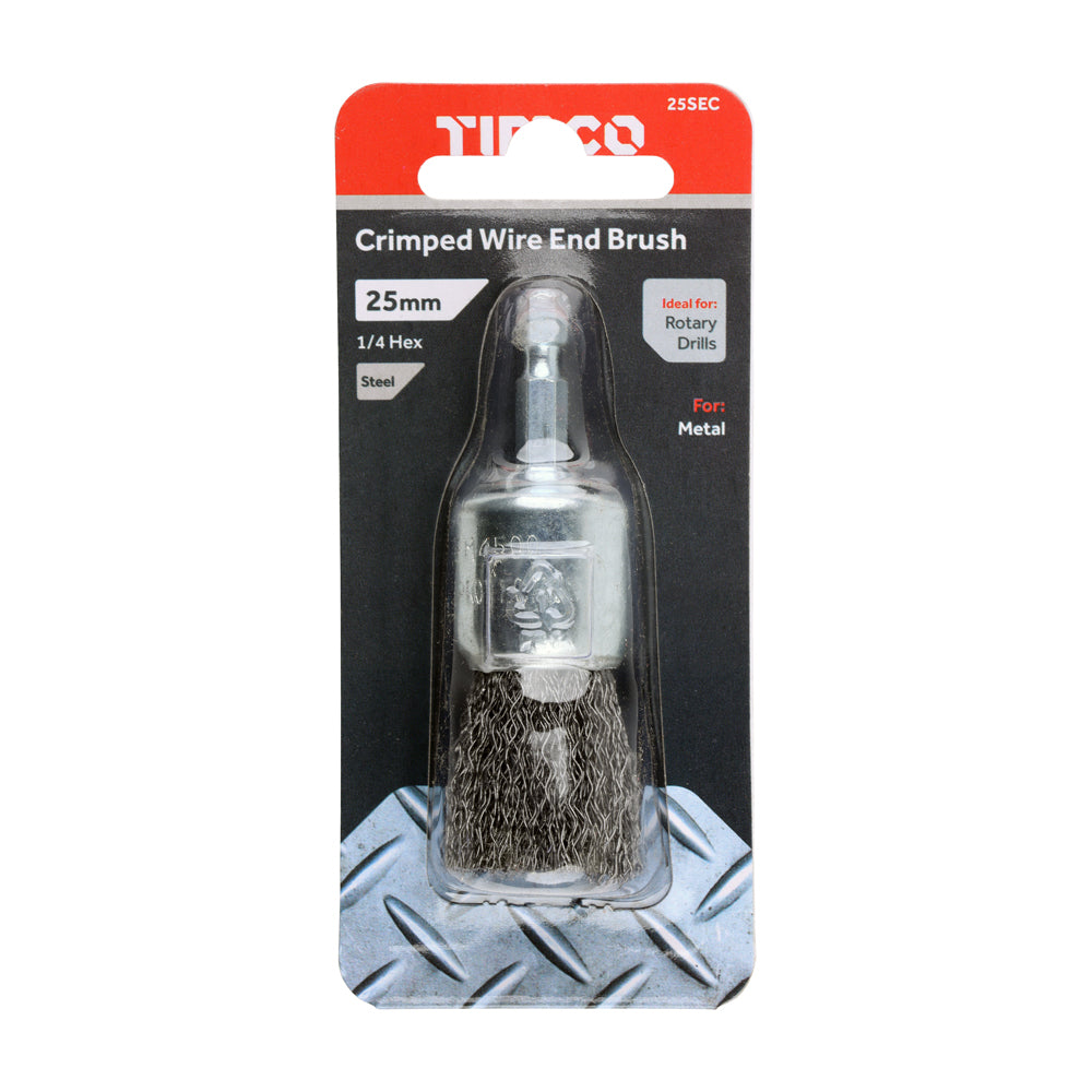 This is an image of Timco - Drill End Brush - Crimped Steel Wire 25mm (1 Each Blister Pack) 25SEC