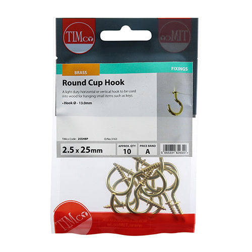 This is an image of Timco - Cup Hooks - Round - Electro Brass 25mm - (10 PCS TIMpac) 25SHBP
