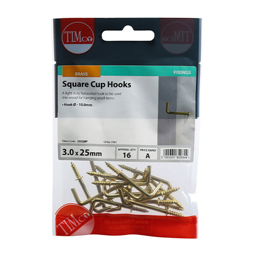 This is an image of Timco - Cup Hooks - Square - Electro Brass 25mm - (16 PCS TIMpac) 25SQBP