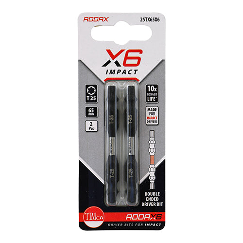 This is an image of Timco - Impact Driver Bits - TX - Double Ended TX25 x 65 (2 Pieces Blister Pack) 25TX65X6