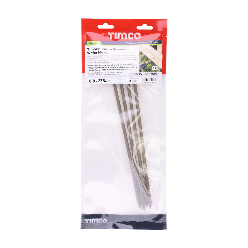 This is an image of Timco - Timber Screws - TX - Wafer - Exterior - Green 8.0 x 275mm - (4 PCS TIMpac) 275INDEXWP