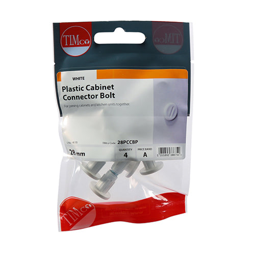 This is an image of Timco - Plastic Cabinet Connector Bolts - White 28mm - (4 PCS TIMpac) 28PCCBP