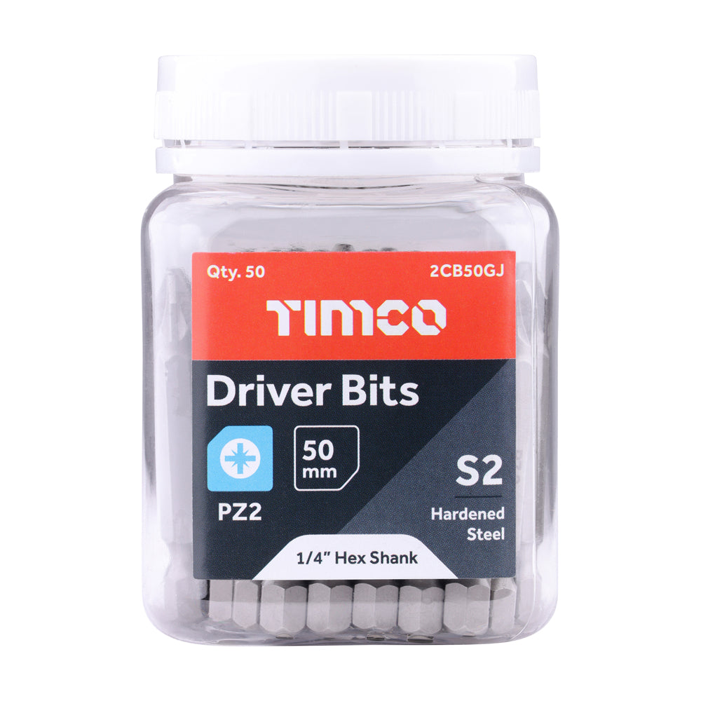 This is an image of Timco - S2 Driver Bits - PZ No.2 x 50 (50 Pieces Small Jar) 2CB50GJ