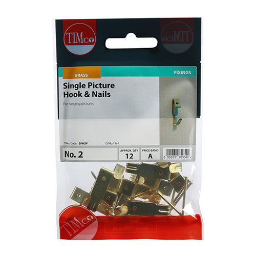 This is an image of Timco - Picture Hanging Hooks - Single - Electro Brass No.2 Single - (12 PCS TIMpac) 2PHSP
