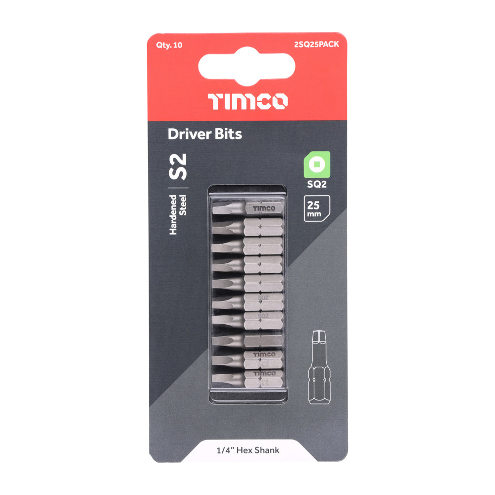 This is an image of Timco - S2 Driver Bits - SQ No.2 x 25 (10 Pieces Handy Bit Pack) 2SQ25PACK