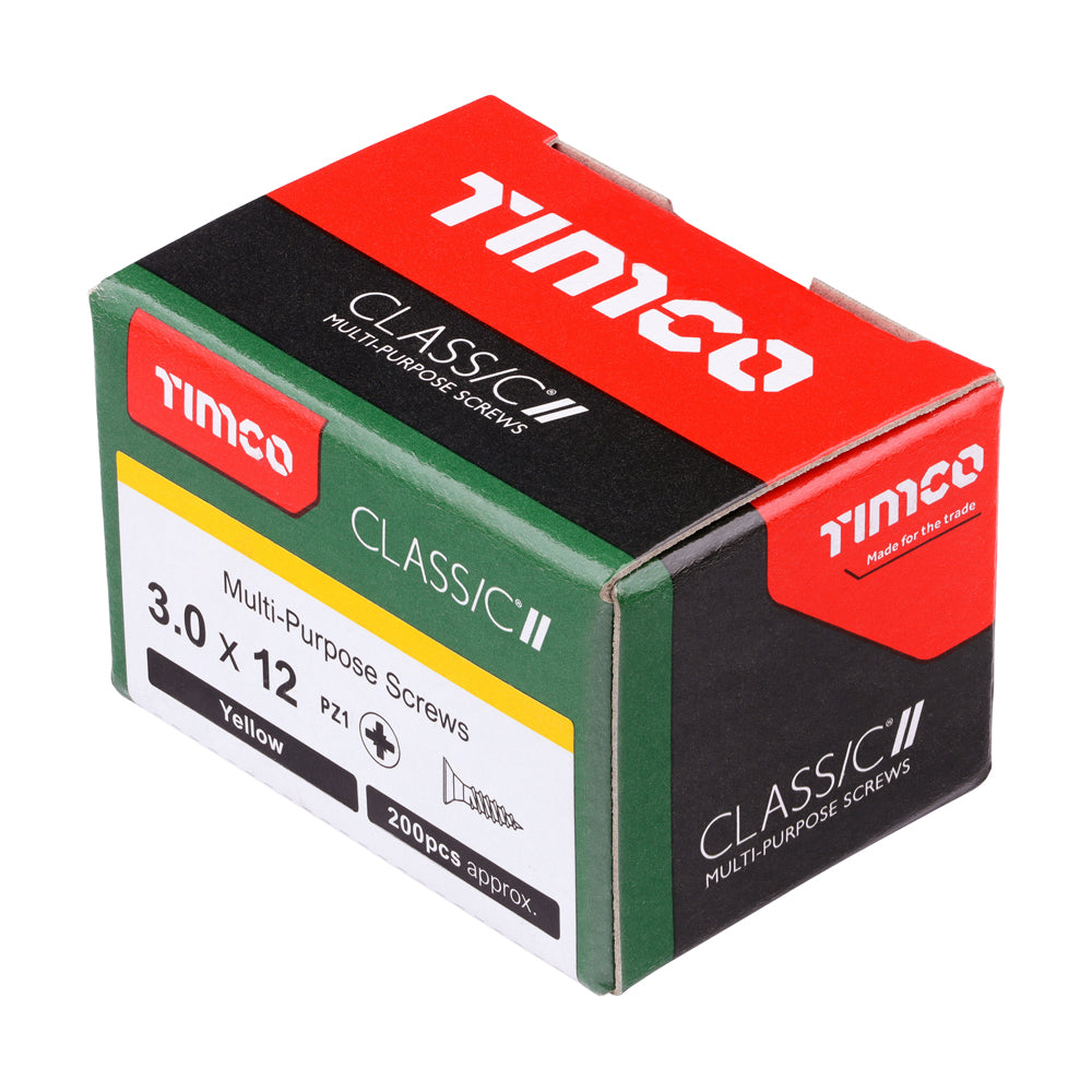 This is an image of Timco - Classic Multi-Purpose Screws - PZ - Double Countersunk - Yellow 3.0 x 12mm - (200 PCS Box) 30012CLAF