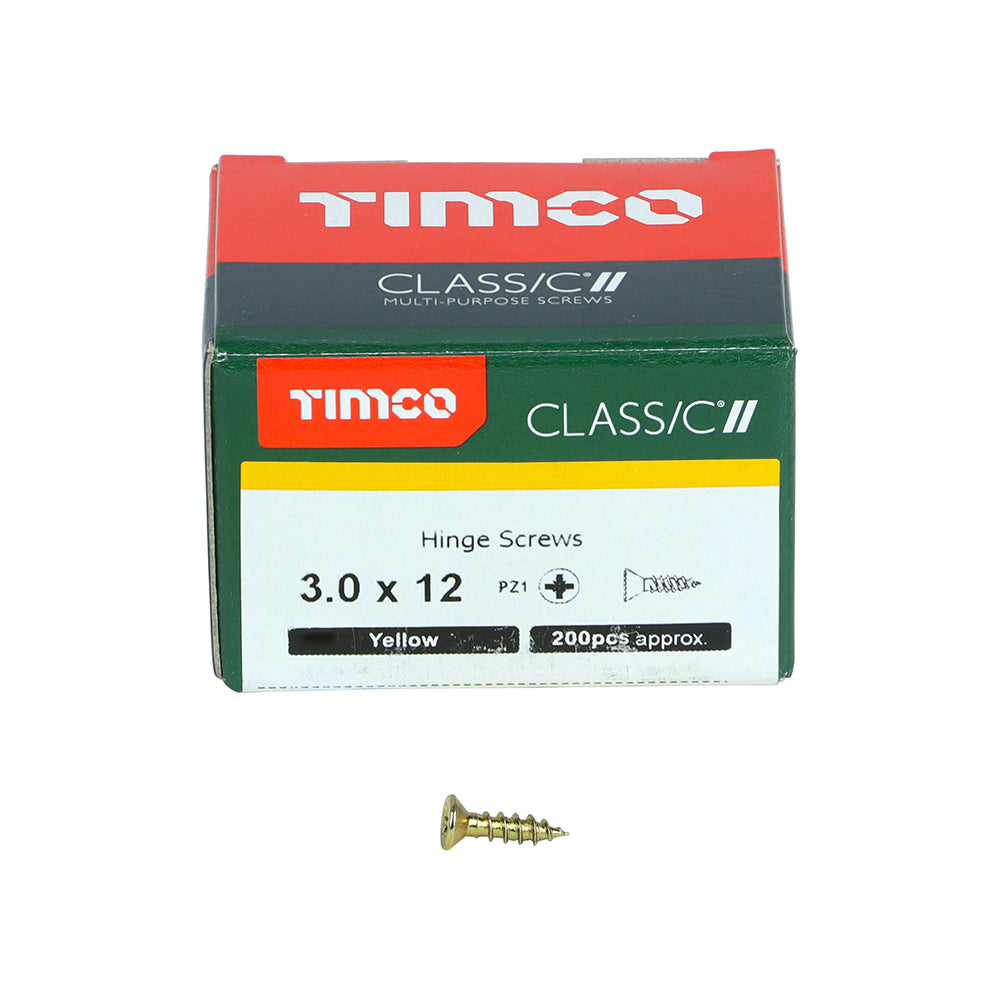 This is an image of Timco - Classic Multi-Purpose Hinge Screws - PZ - Countersunk - Yellow 3.0 x 12mm - (200 PCS Box) 30012CLAH