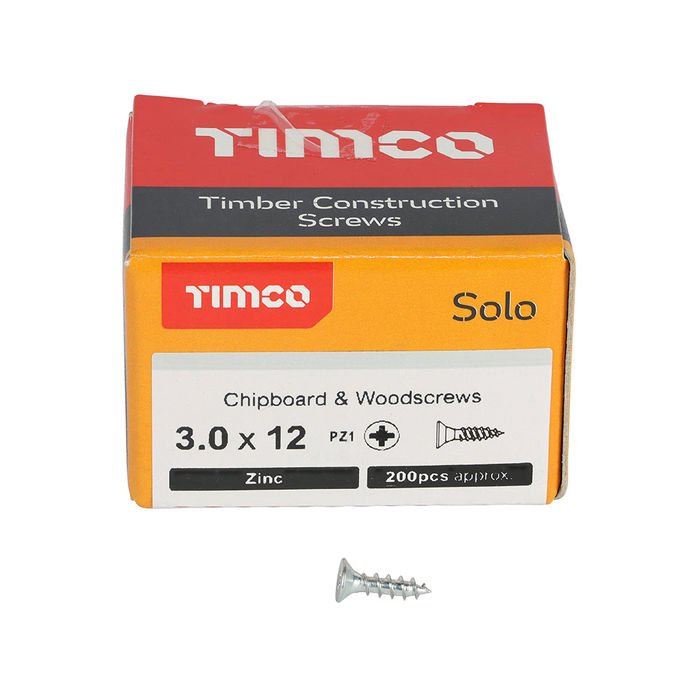 This is an image of Timco - Solo Chipboard & Woodscrews - PZ - Double Countersunk - Zinc 3.0 x 12mm - (200 PCS Box) 30012SOLOZ