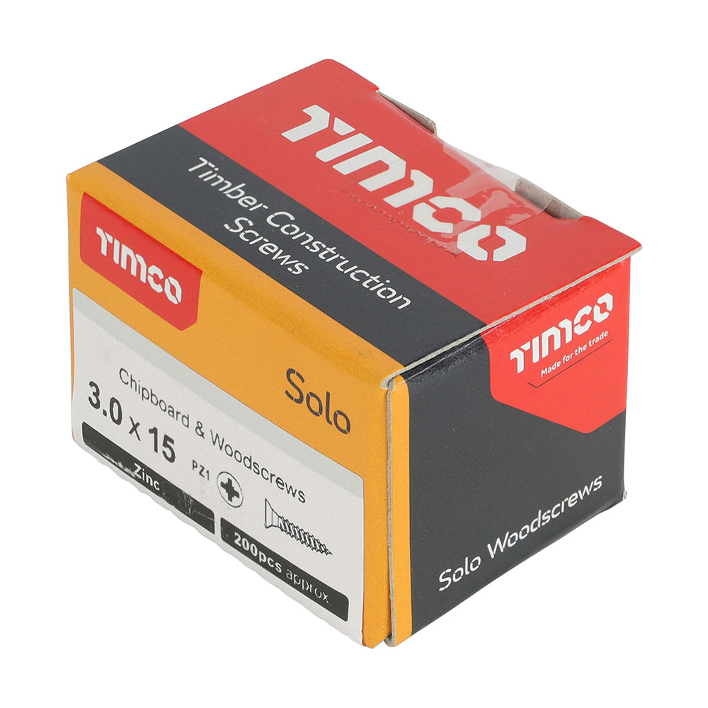This is an image of Timco - Solo Chipboard & Woodscrews - PZ - Double Countersunk - Zinc 3.0 x 15mm - (200 PCS Box) 30015SOLOZ