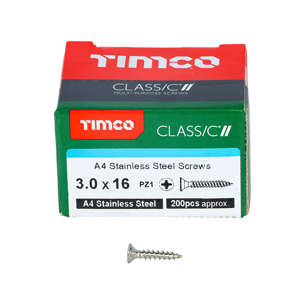 This is an image of Timco - Classic Multi-Purpose Screws - PZ - Double Countersunk - A4 Stainless Steel 3.0 x 16mm - (200 PCS Box) 30016CLA4
