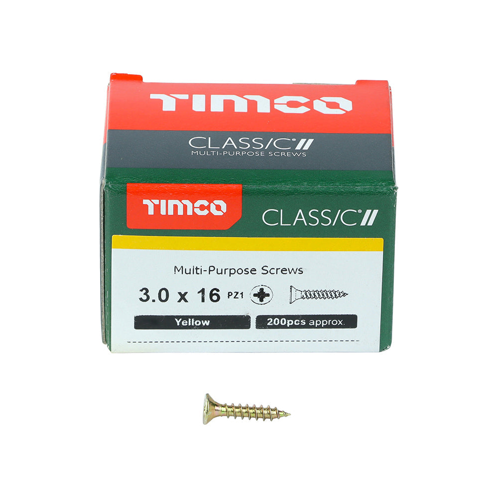 This is an image of Timco - Classic Multi-Purpose Screws - PZ - Double Countersunk - Yellow 3.0 x 16mm - (200 PCS Box) 30016CLAF