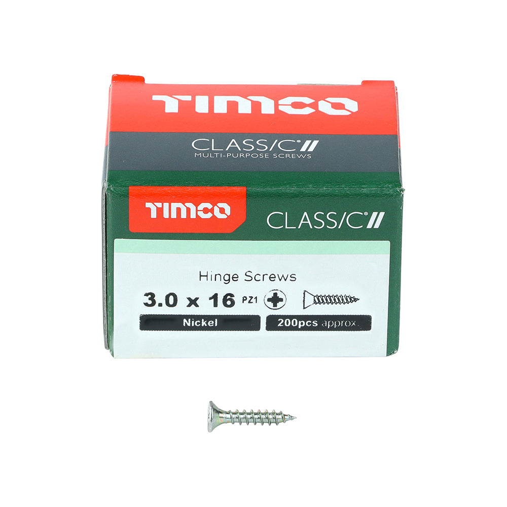 This is an image of Timco - Classic Multi-Purpose Hinge Screws - PZ - Countersunk - Nickel 3.0 x 16mm - (200 PCS Box) 30016CLAHN