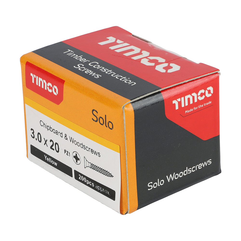 This is an image of Timco - Solo Chipboard & Woodscrews - PZ - Double Countersunk - Yellow 3.0 x 20mm - (200 PCS Box) 30020SOLOC