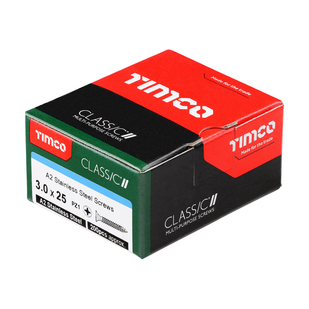 This is an image of Timco - Classic Multi-Purpose Screws - PZ - Double Countersunk - A2 Stainless Steel 3.0 x 25mm - (200 PCS Box) 30025CLASS