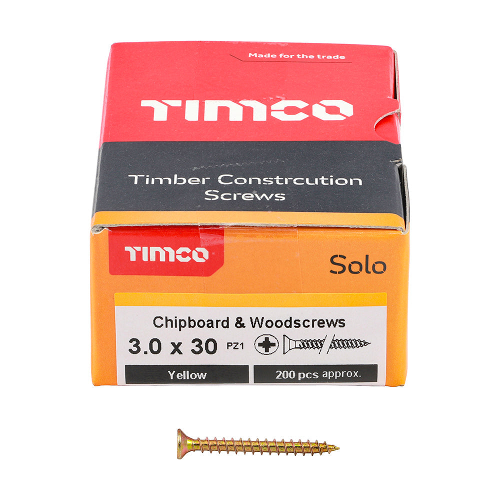 This is an image of Timco - Solo Chipboard & Woodscrews - PZ - Double Countersunk - Yellow 3.0 x 30mm - (200 PCS Box) 30030SOLOC