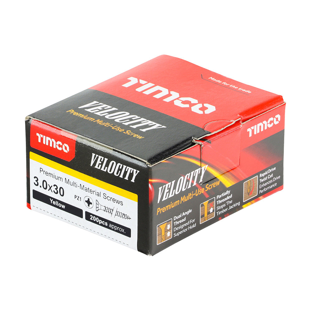 This is an image of Timco - Velocity Premium Multi-Use Screws - PZ - Double Countersunk - Yellow 3.0 x 30mm - (200 PCS Box) 30030VY