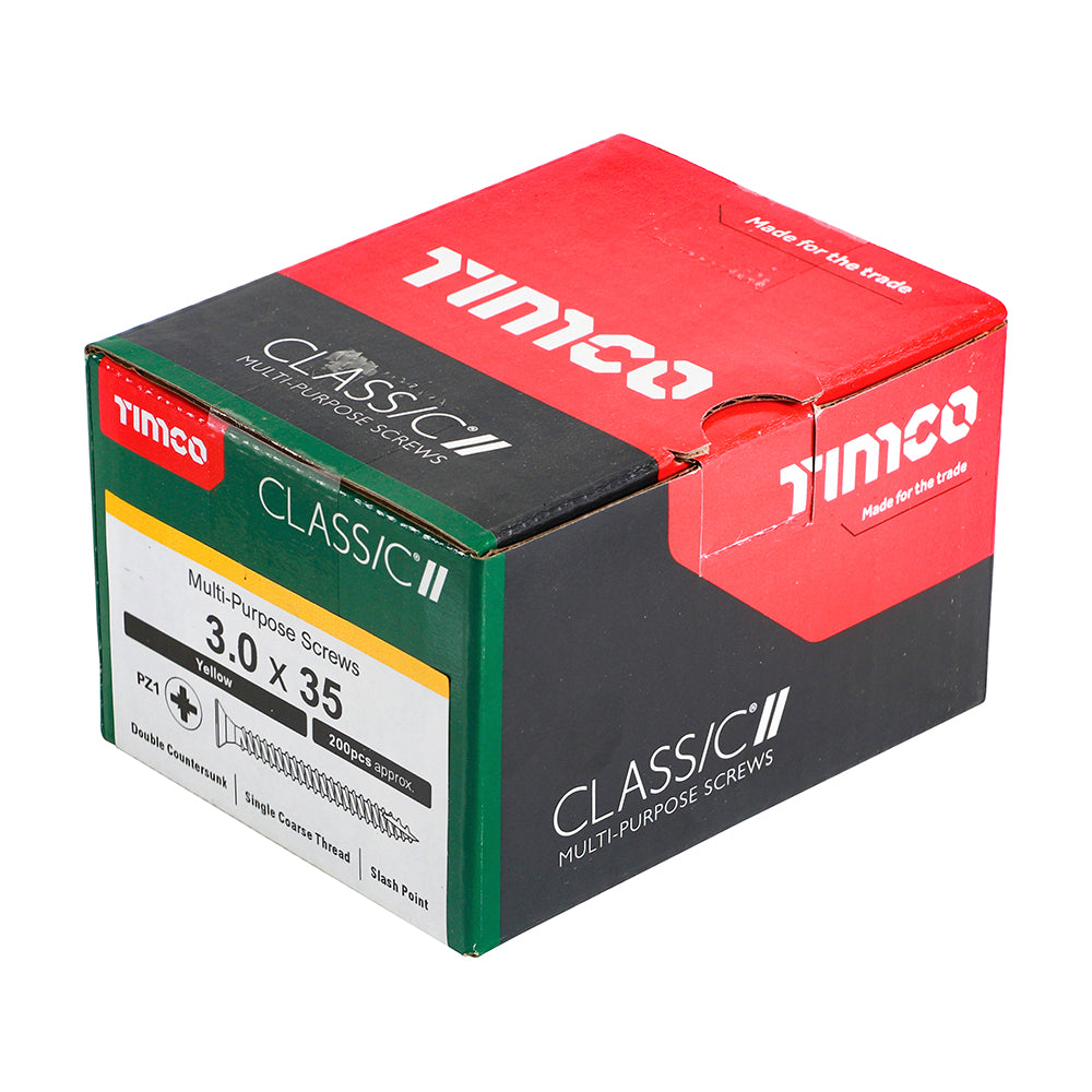 This is an image of Timco - Classic Multi-Purpose Screws - PZ - Double Countersunk - Yellow 3.0 x 35mm - (200 PCS Box) 30035CLAF