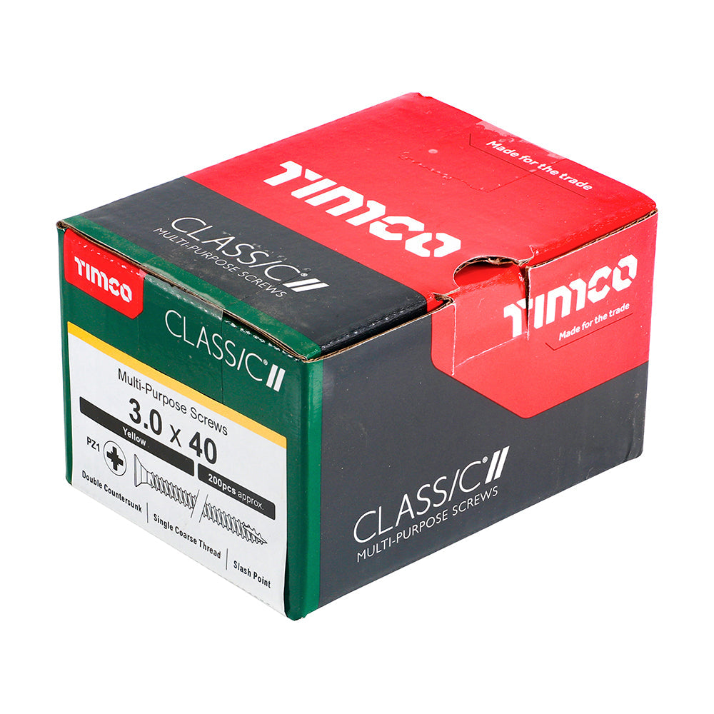 This is an image of Timco - Classic Multi-Purpose Screws - PZ - Double Countersunk - Yellow 3.0 x 40mm - (200 PCS Box) 30040CLAF