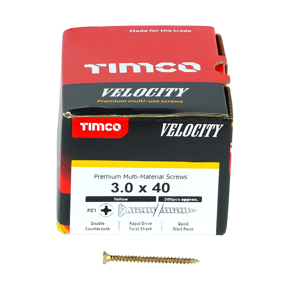 This is an image of Timco - Velocity Premium Multi-Use Screws - PZ - Double Countersunk - Yellow 3.0 x 40mm - (200 PCS Box) 30040VY