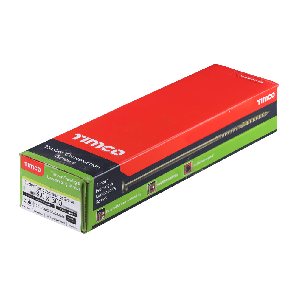 This is an image of Timco - Timber Frame Construction & Landscaping Screws - Wafer - Exterior - Green Organic 8.0 x 300mm - (25 PCS Box) 300INW