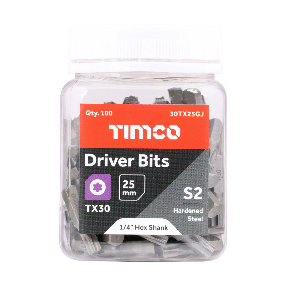 This is an image of Timco - S2 Driver Bits - TX TX30 x 25 (100 Pieces Small Jar) 30TX25GJ